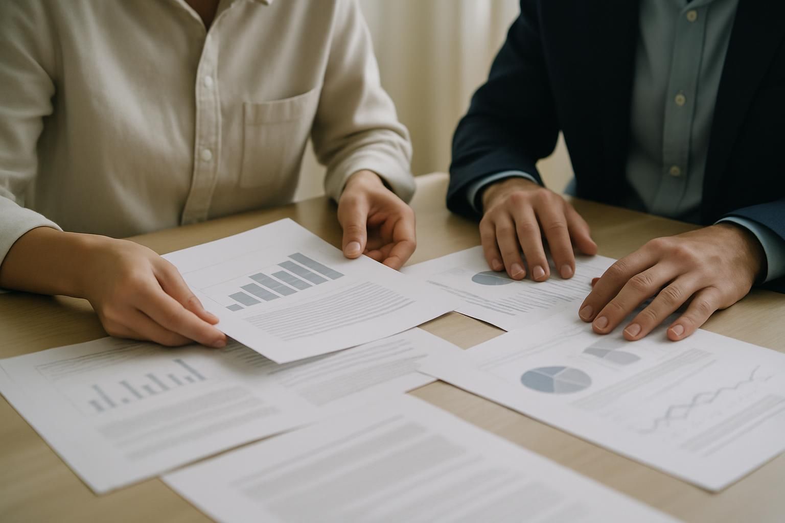 Two people reviewing printed documents side by side at a table, hands and papers only