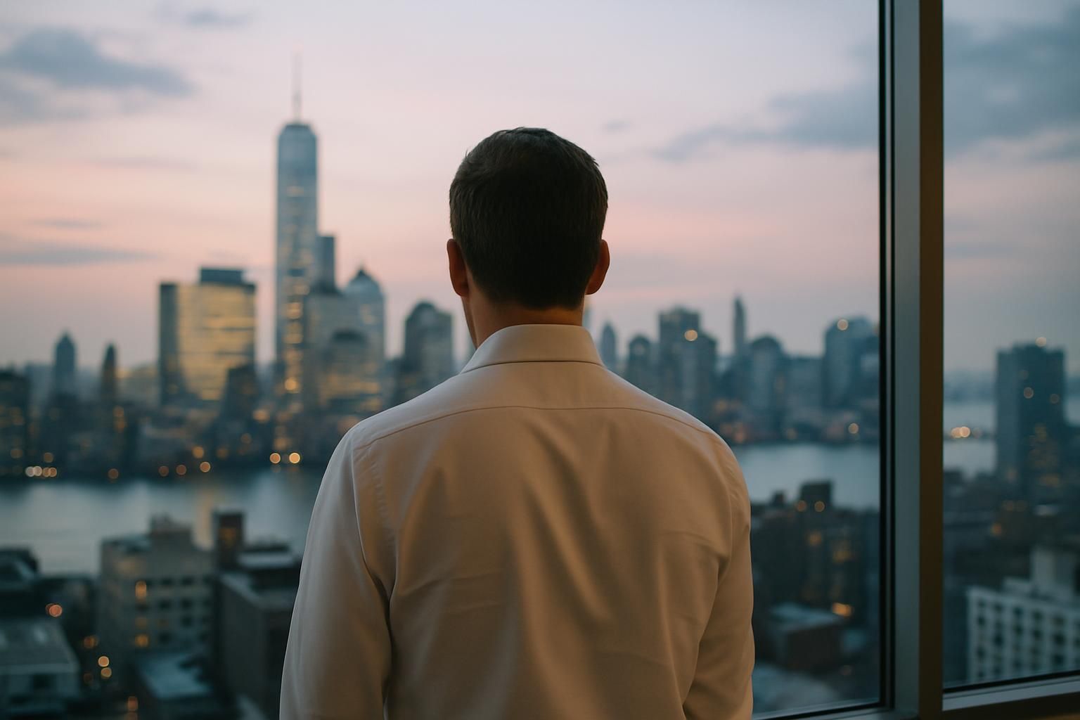 A person looking out over a city skyline at dusk from a high window, seen from behind