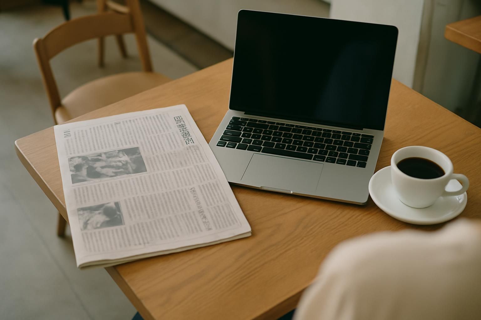 A Japanese newspaper and a laptop on a cafe table beside a coffee cup, overhead view, print not legible
