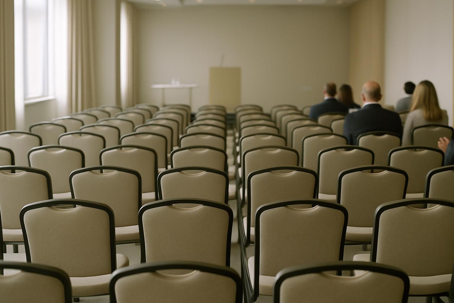 A conference hall with rows of empty chairs before an event, seen from the back, soft indoor lighting