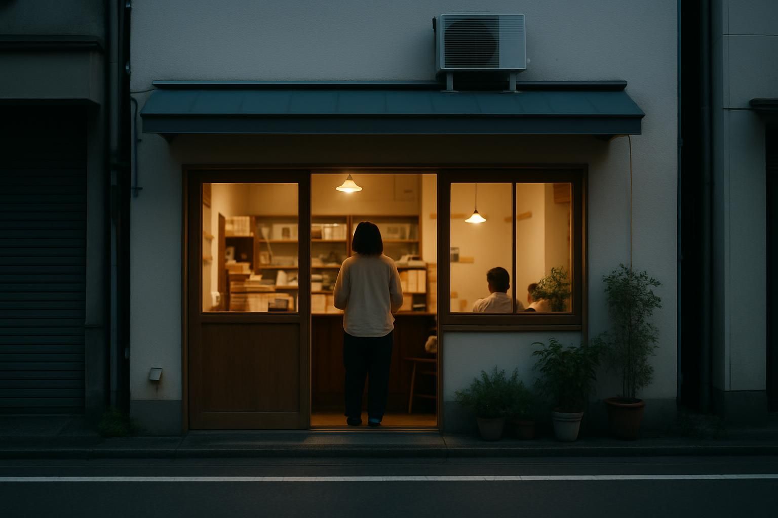 A small Japanese storefront at dusk with warm interior light, viewed from across a quiet street, no signage text