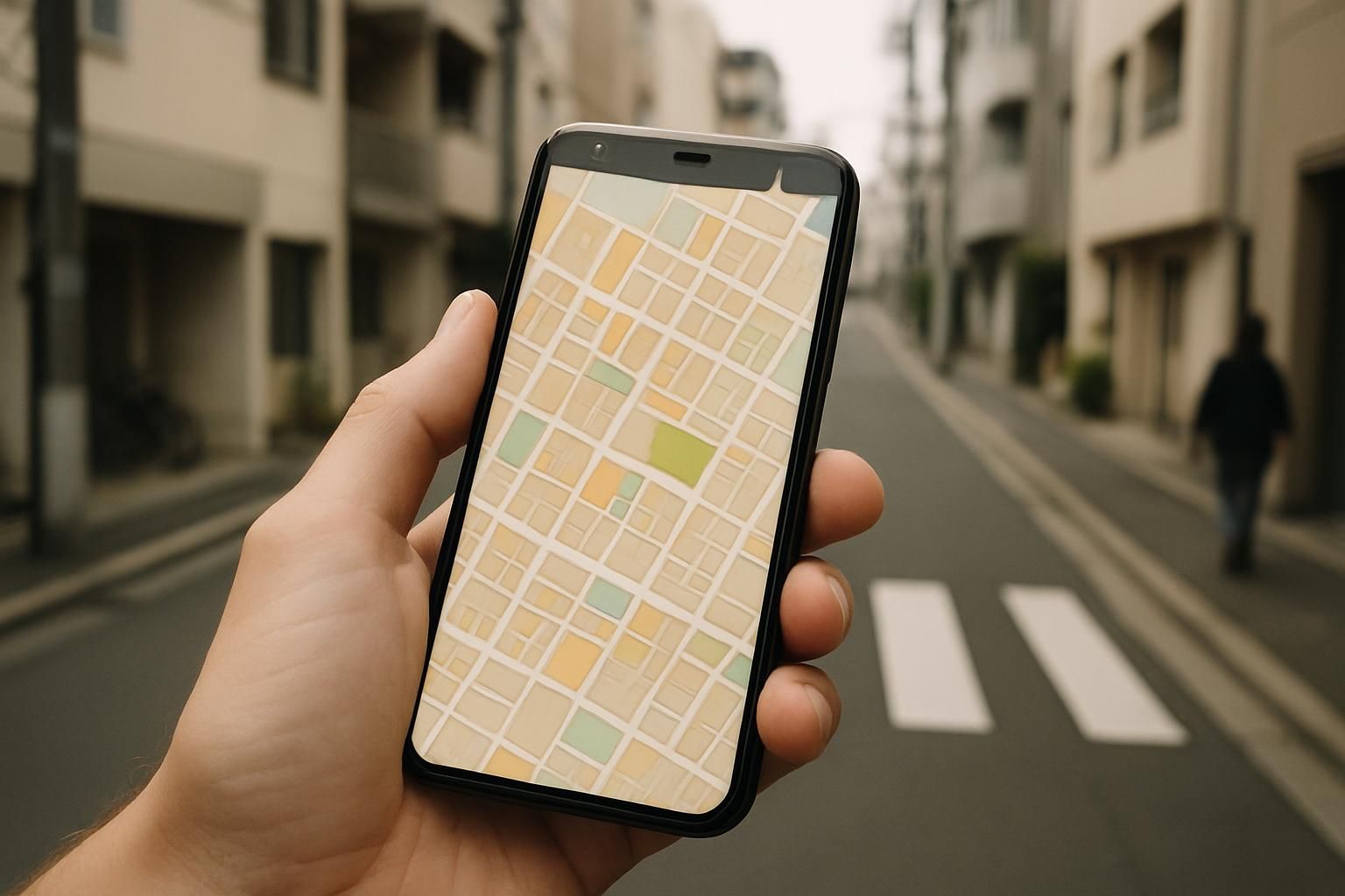 Overhead view of a Japanese city block map on a phone screen held in one hand, street visible below, no readable text