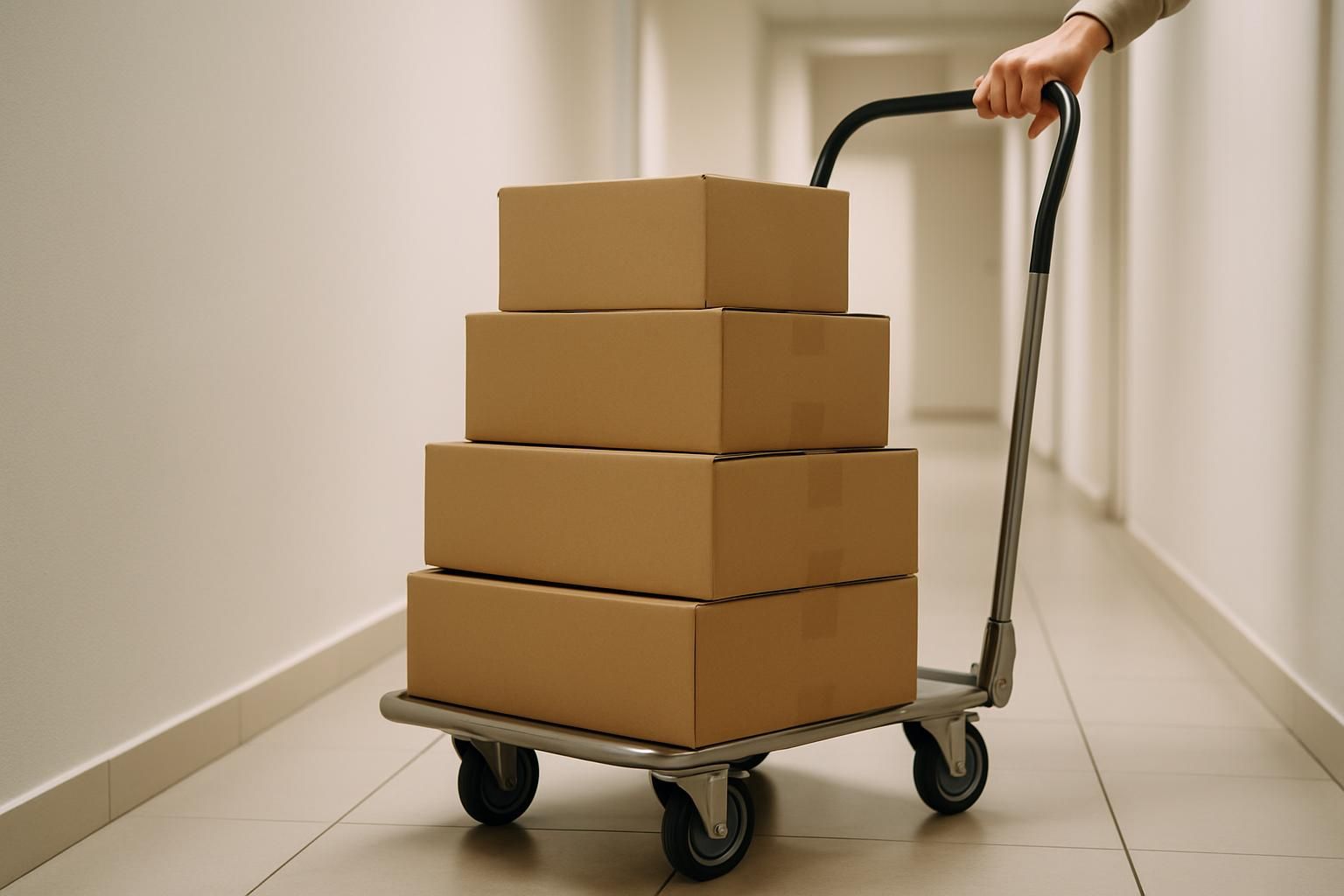 Cardboard parcels stacked on a small trolley in a plain corridor, no labels or text visible