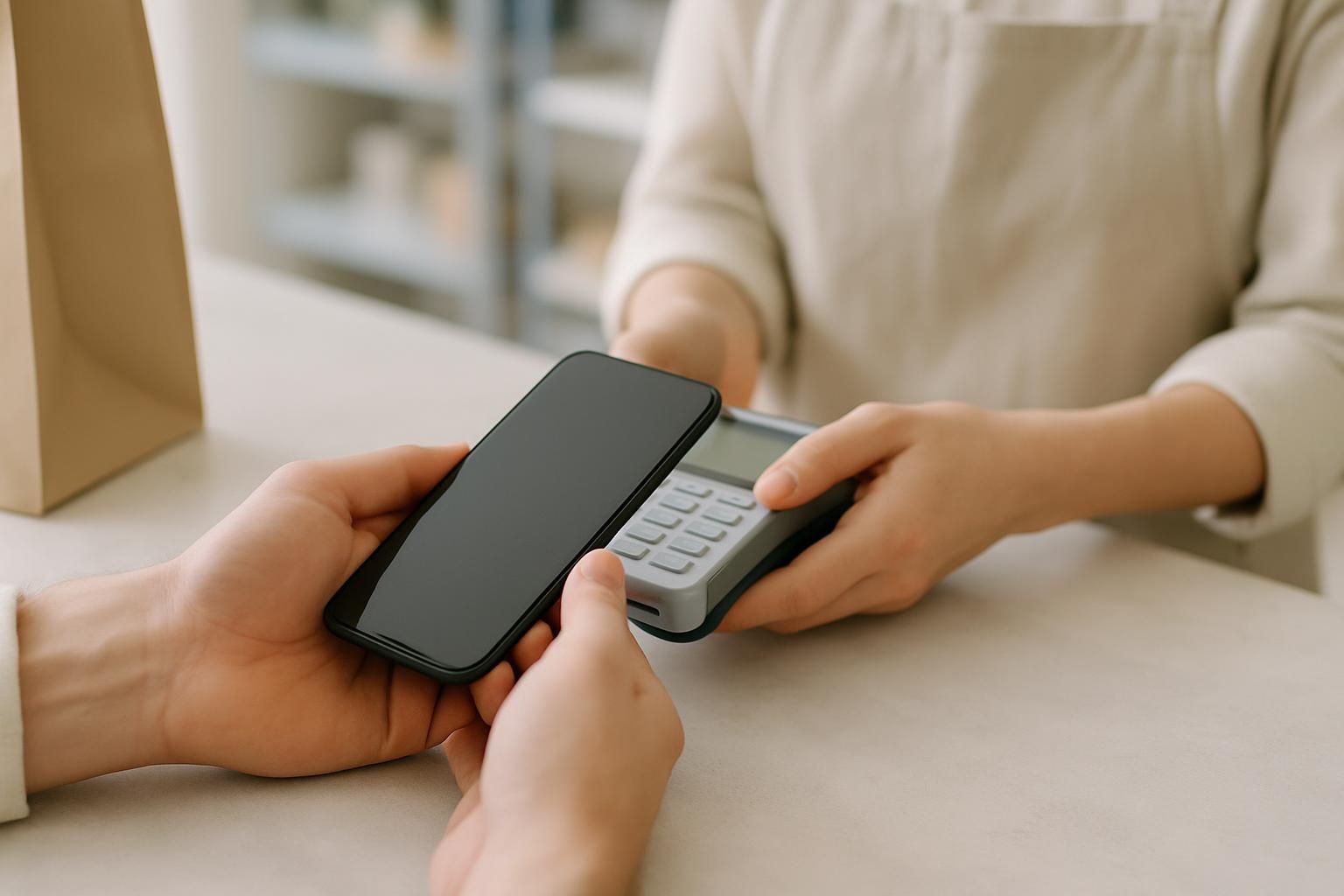 Close-up of hands holding a smartphone at a checkout counter, no screen content or branding visible