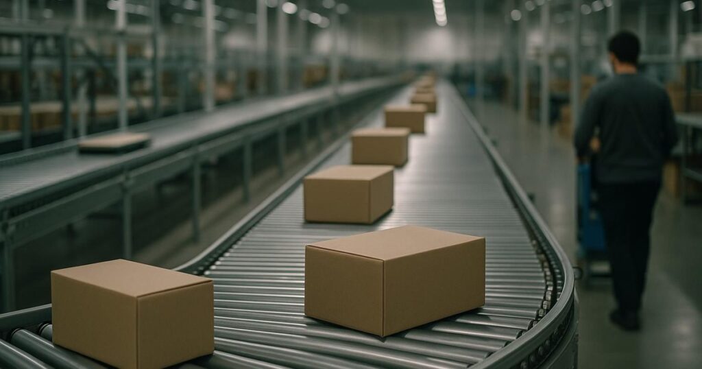 Parcels on a conveyor in a fulfilment centre