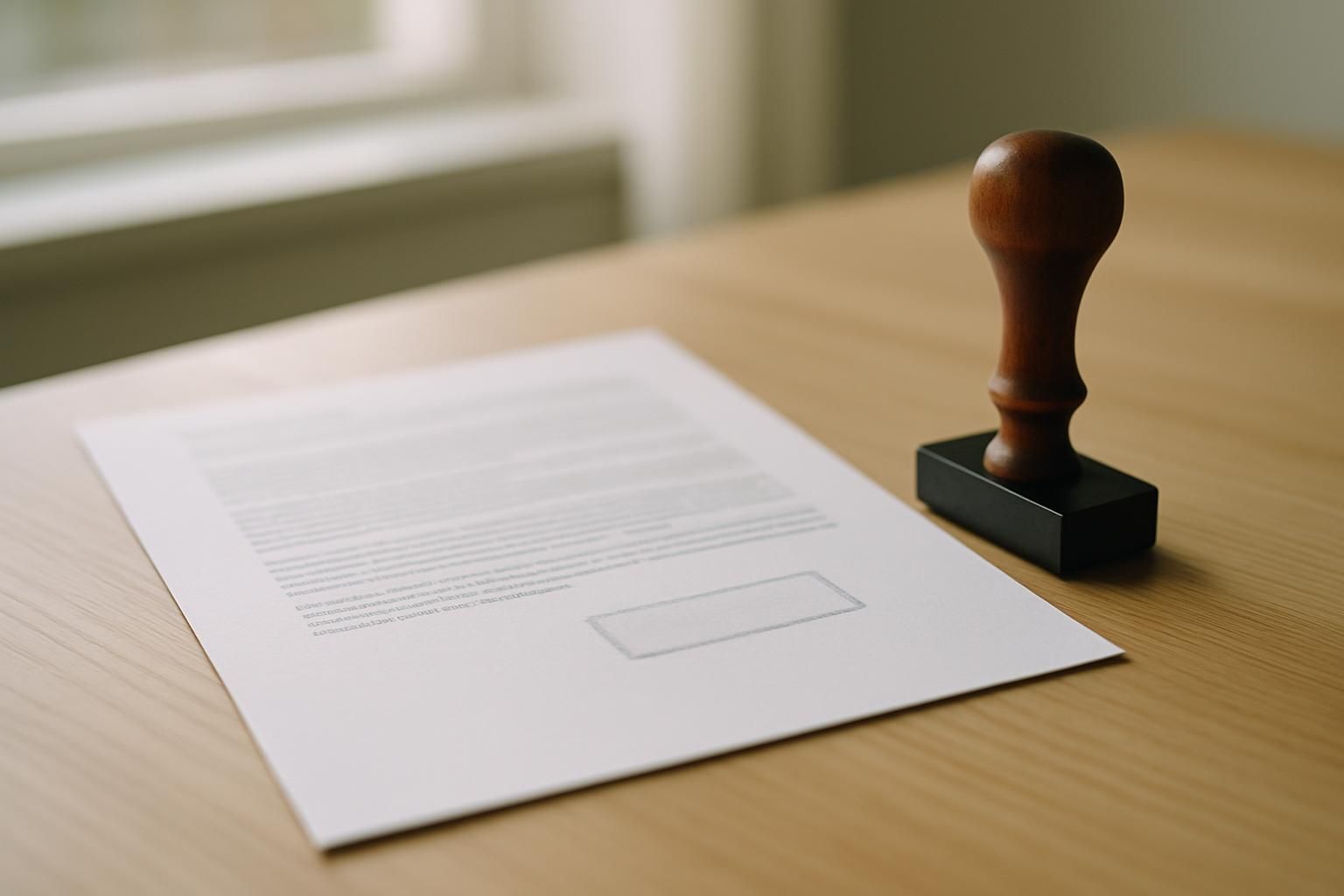 A printed document and a stamp on a wooden desk in daylight, no legible text