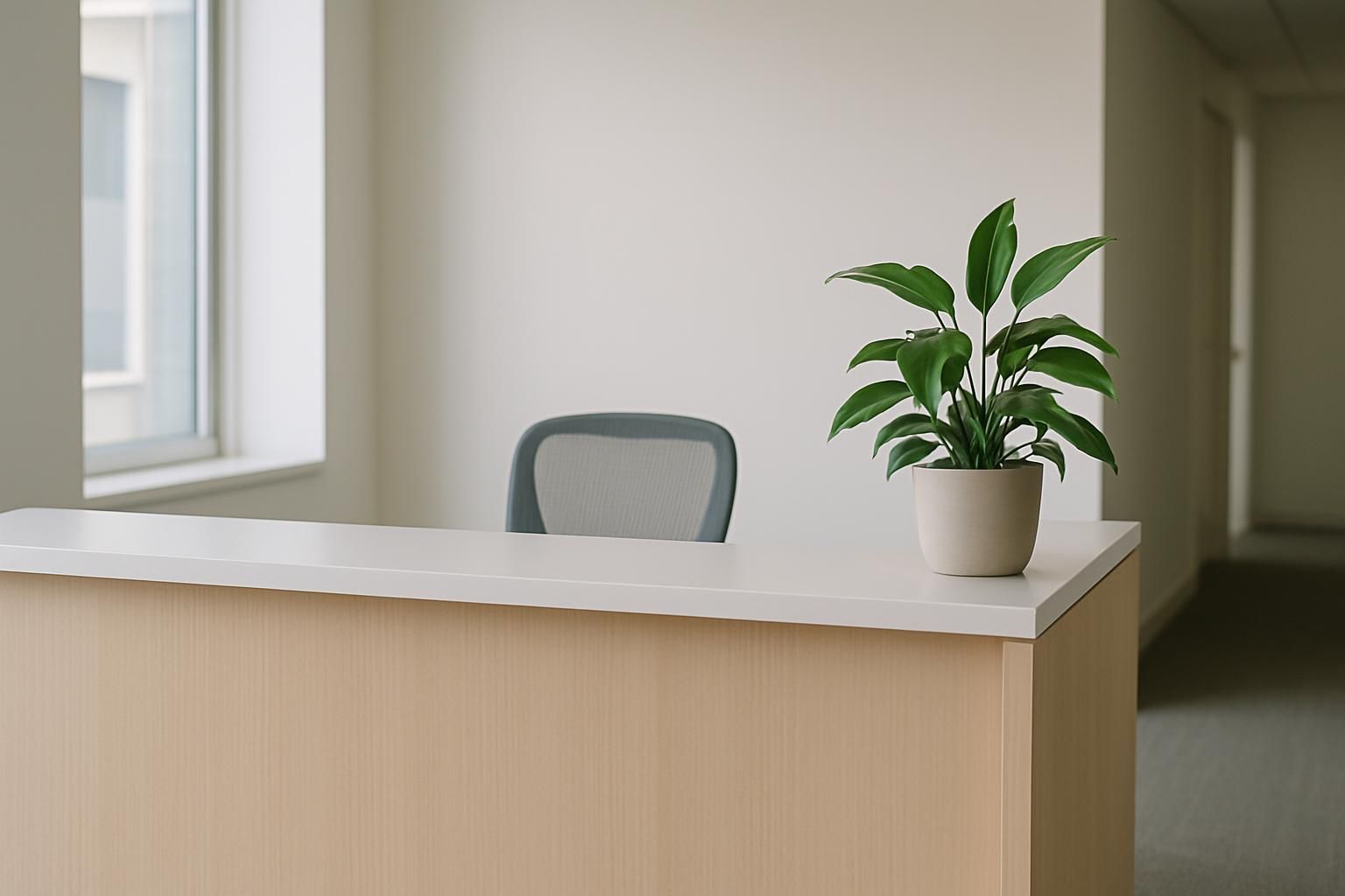 An office reception desk with a plant and a chair, empty, natural light, no signage