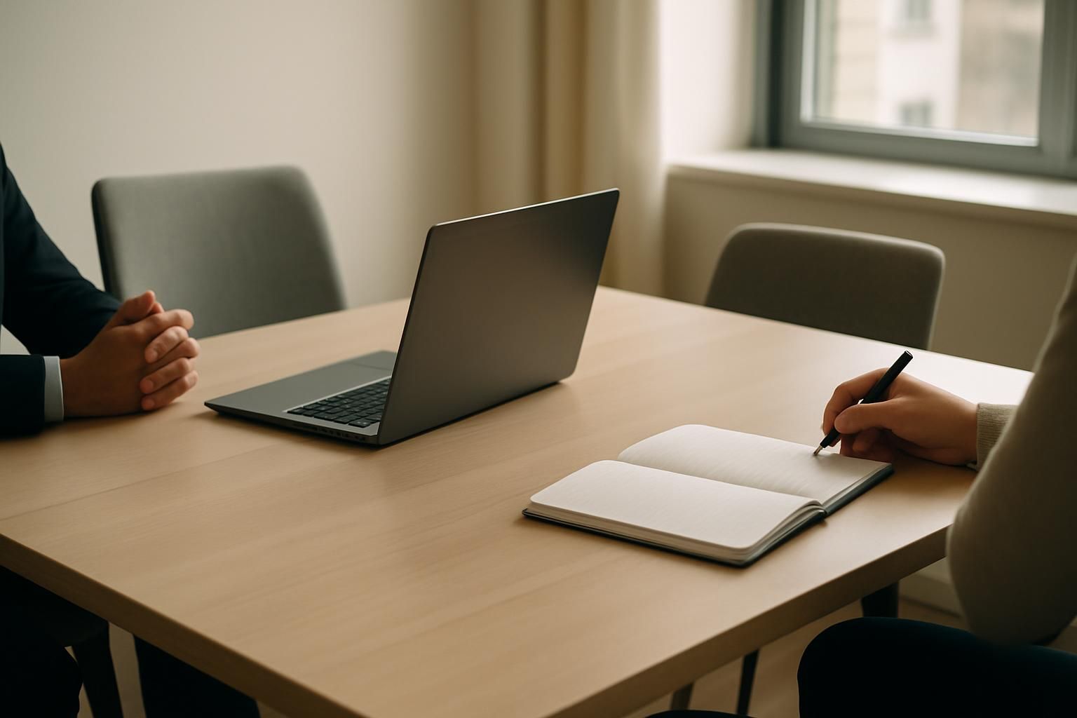 A laptop and notebook on a meeting table with two chairs, natural light, no readable screen content