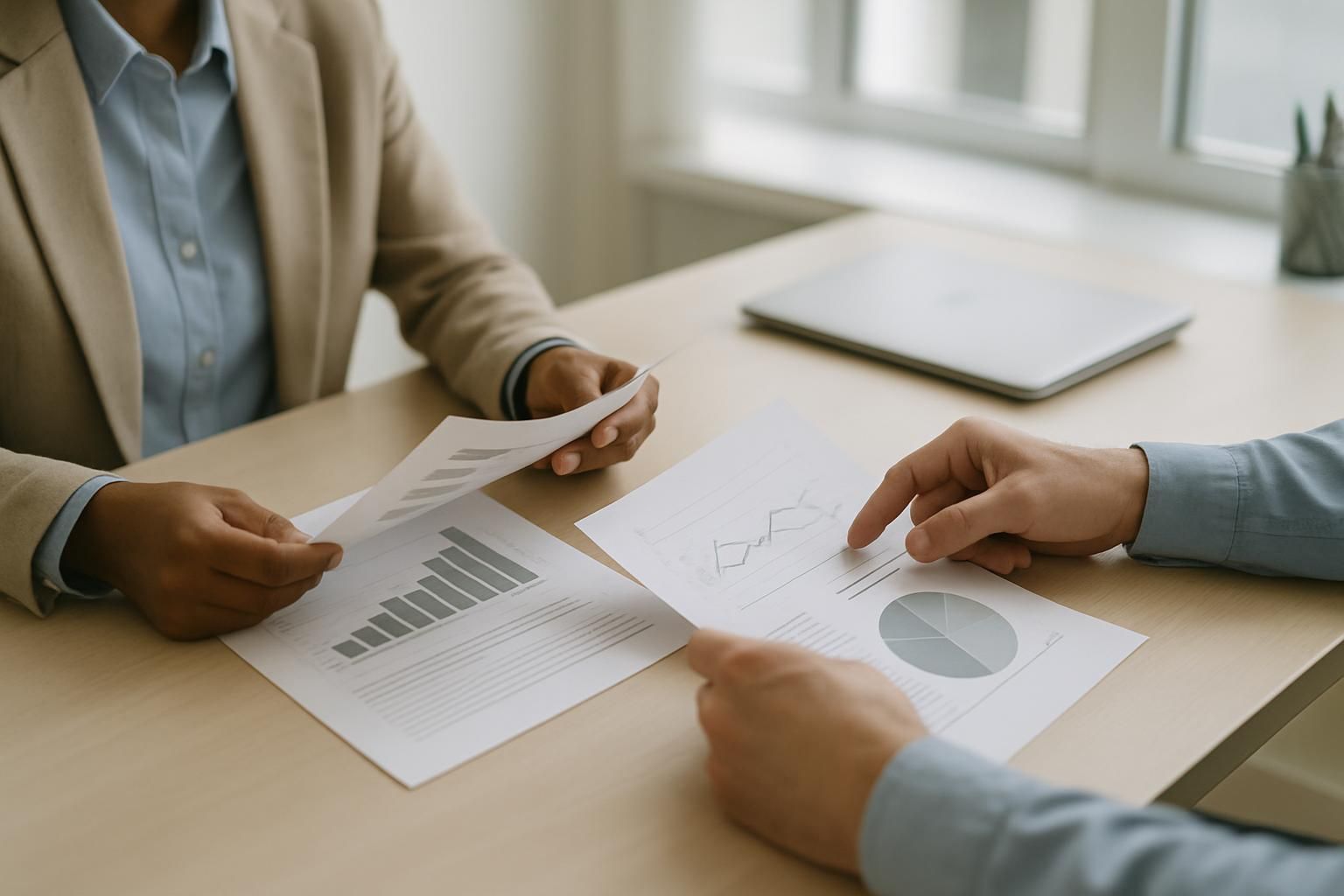 Two people at a desk comparing printed pages side by side, hands and paper only