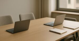A meeting table with two laptops facing each other