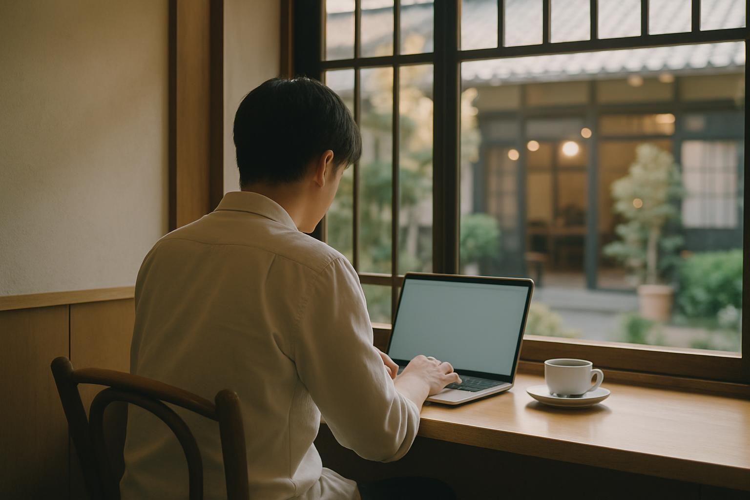 A person working on a laptop in a Japanese cafe by a window, seen from behind, afternoon light