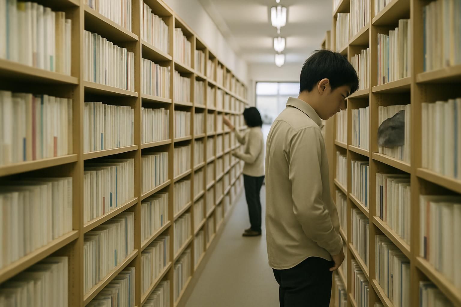 A quiet Japanese bookshop aisle with shelves receding into the distance, no readable spines