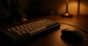 Keyboard and mouse on a dark desk under side light