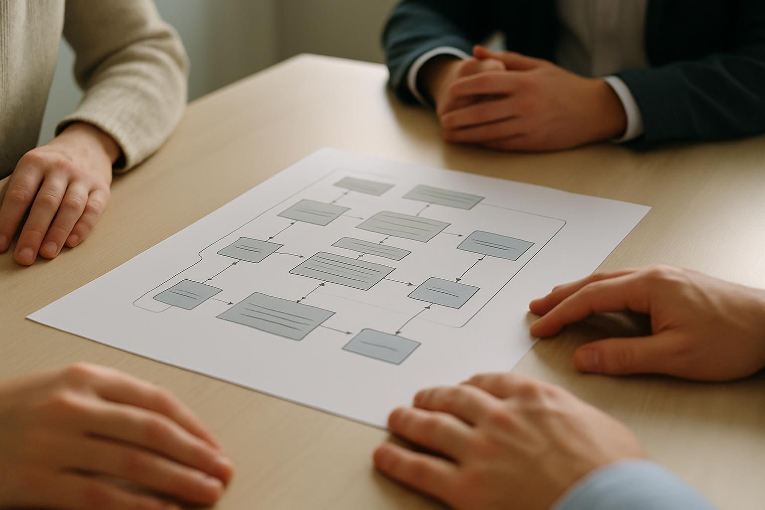 An open architecture diagram printed on paper on a meeting table, hands resting nearby, no legible text