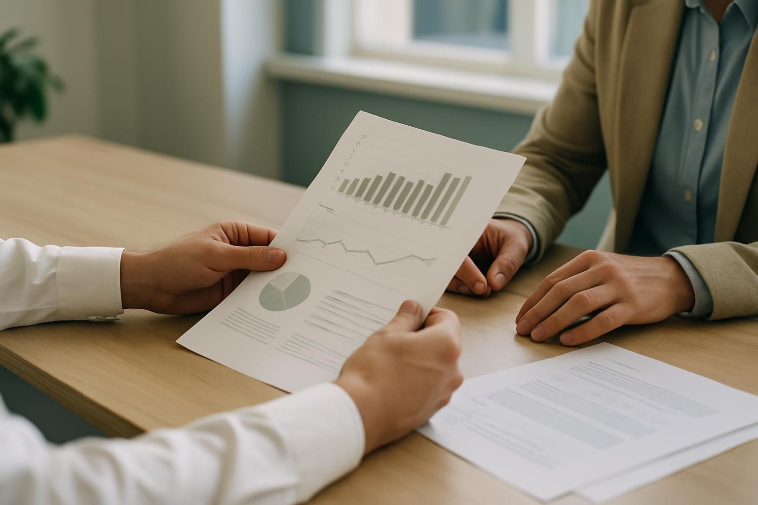 Two people in an office reviewing a printed document across a desk, only hands and papers visible