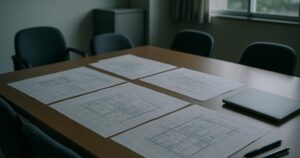 A meeting table with printed system diagrams in daylight