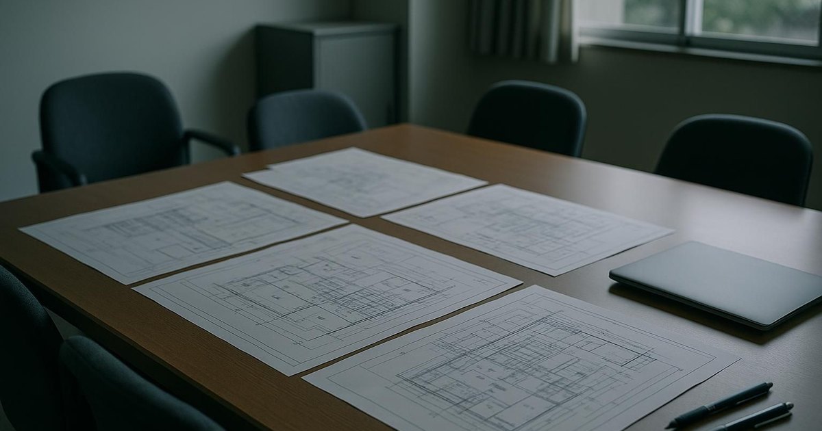 A meeting table with printed system diagrams in daylight