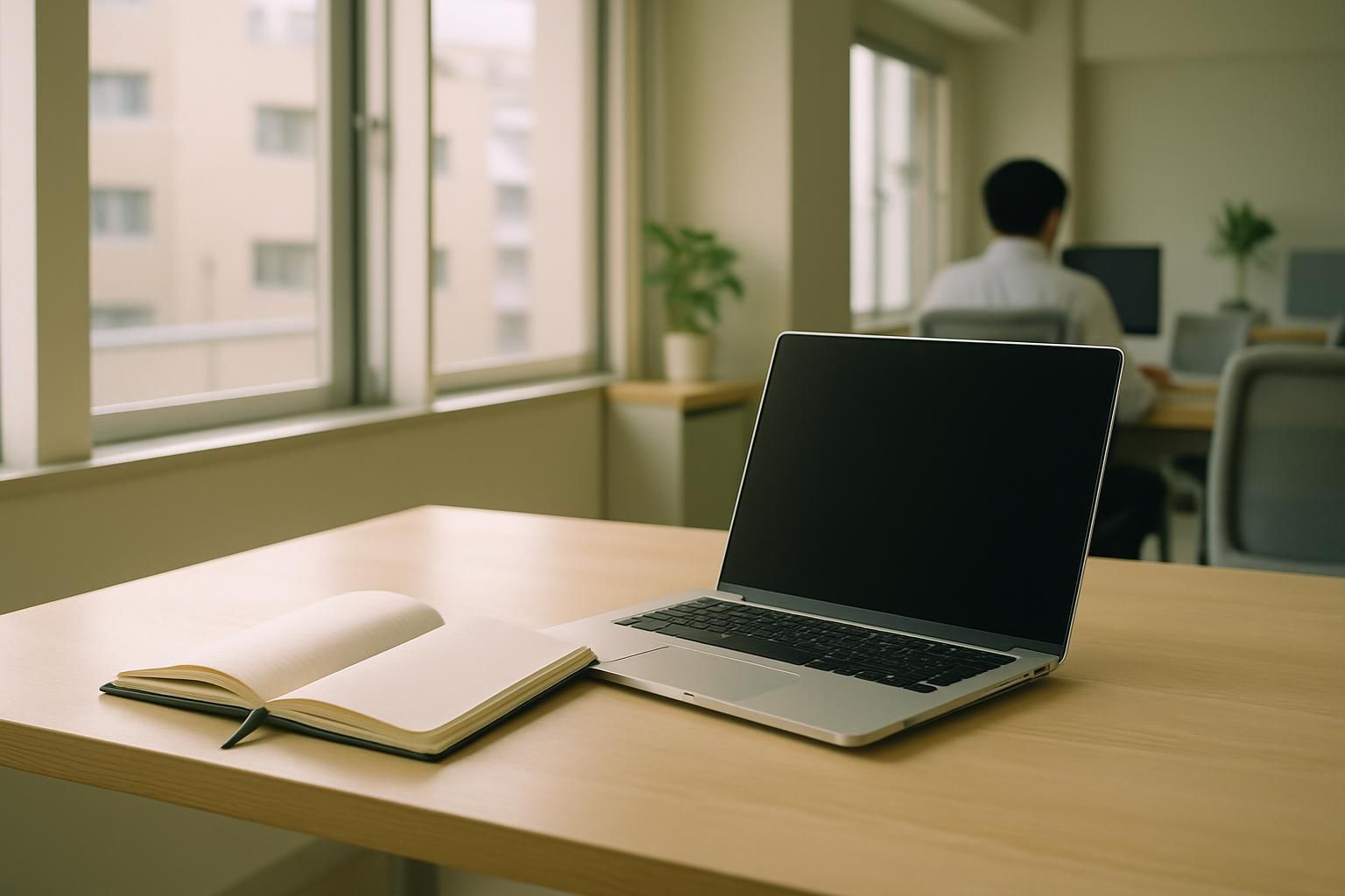 A laptop on a desk beside a notebook in a Japanese office, morning light, no screen content visible