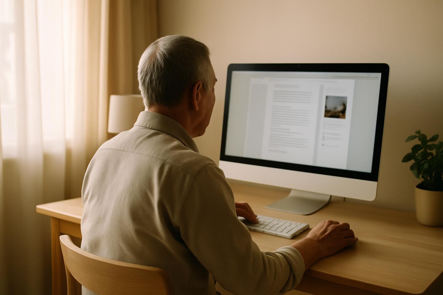 An older Japanese man using a desktop computer at home, seen from behind, warm afternoon light