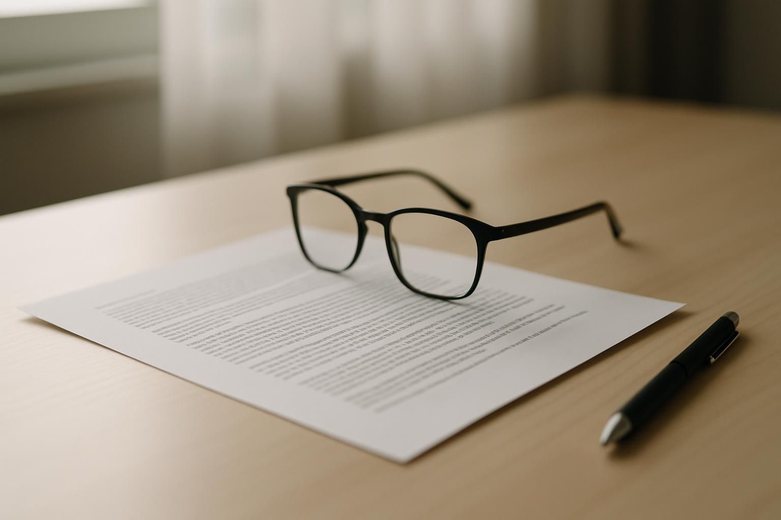 A desk with a printed document, a pen and reading glasses in soft daylight, no legible text