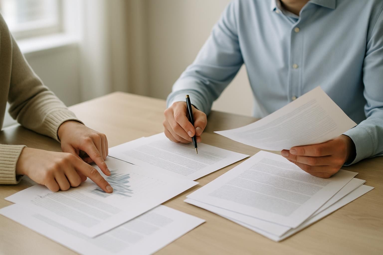 Two people at a table reviewing papers together, hands and documents only, natural light