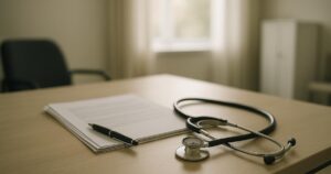 A physician's desk with a stethoscope and printed papers in daylight