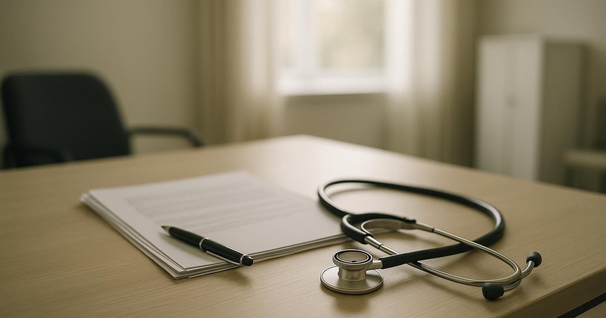 A physician's desk with a stethoscope and printed papers in daylight