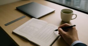 A sketchbook with a hand-drawn website layout of empty boxes on a desk, with a pencil, ruler and green tea