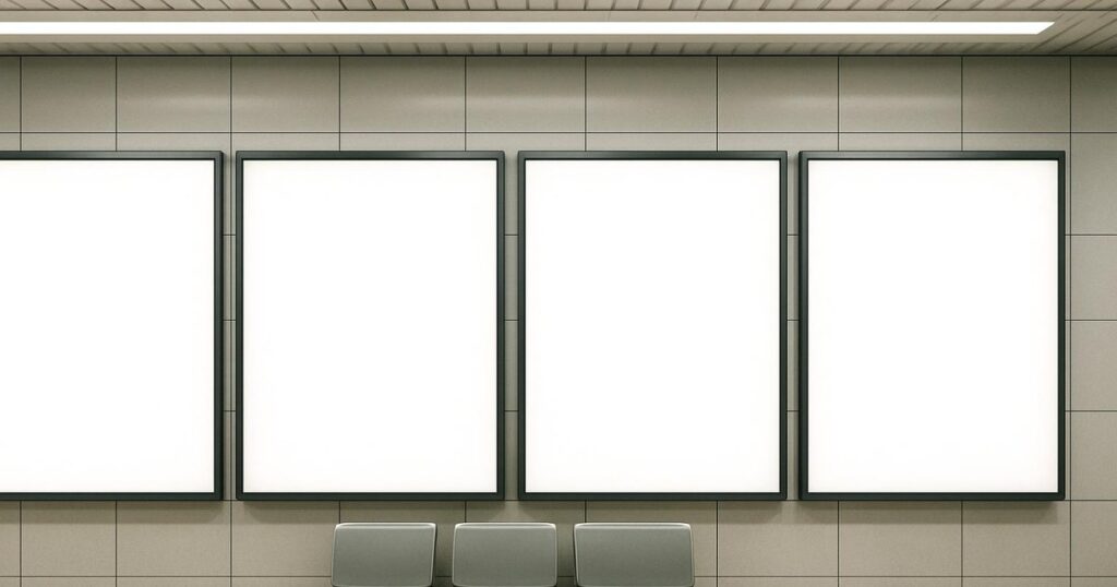 Blank backlit advertising panels on a tiled subway platform wall in Tokyo, with a row of seats below