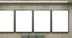 Blank backlit advertising panels on a tiled subway platform wall in Tokyo, with a row of seats below