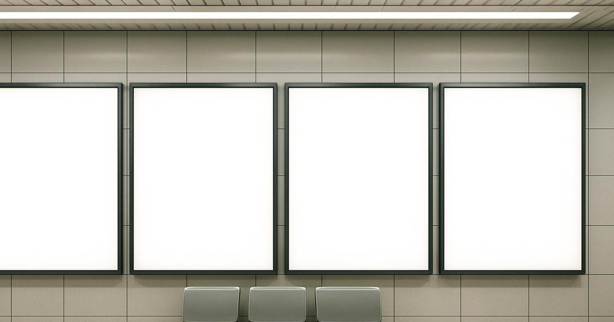 Blank backlit advertising panels on a tiled subway platform wall in Tokyo, with a row of seats below
