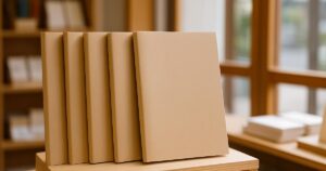 Five plain kraft-covered notebooks standing in a row on a wooden shelf in a Japanese stationery shop, one pulled slightly forward