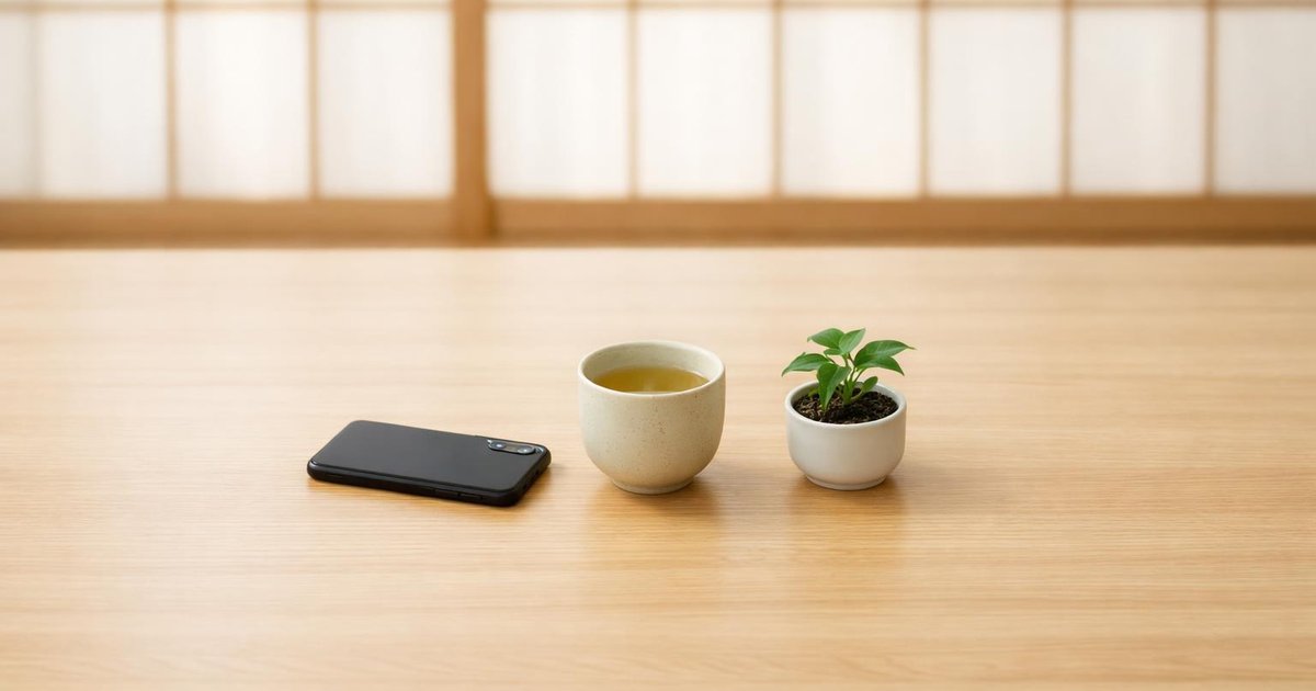 A smartphone lying face down on a light wooden desk beside a cup of green tea and a small potted plant, with a paper shoji screen behind