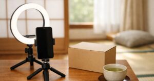 A ring light and a smartphone on a mini tripod beside an unmarked product box and a cup of green tea in a Japanese room