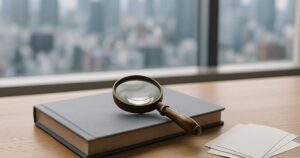 A magnifying glass resting on a closed grey notebook on a wooden desk by an office window overlooking Tokyo