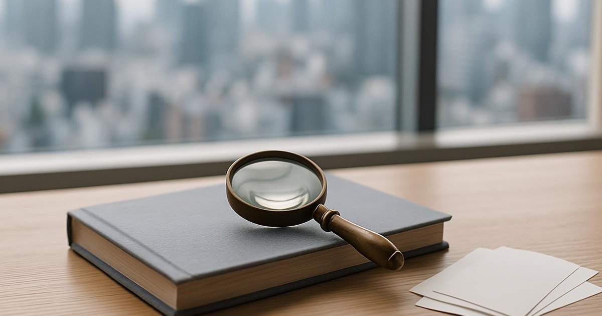 A magnifying glass resting on a closed grey notebook on a wooden desk by an office window overlooking Tokyo