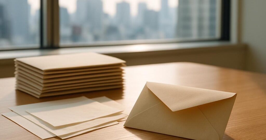 A stack of plain envelopes on a wooden desk by an office window in Tokyo, with one envelope set apart and open