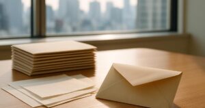 A stack of plain envelopes on a wooden desk by an office window in Tokyo, with one envelope set apart and open