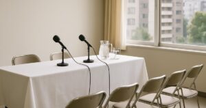 A small meeting room in Tokyo set up for a press briefing, with two microphones on a white-clothed table and rows of empty folding chairs