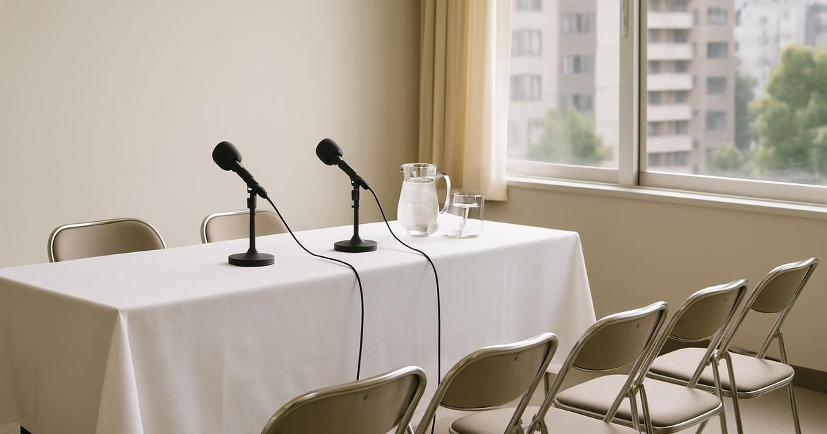 A small meeting room in Tokyo set up for a press briefing, with two microphones on a white-clothed table and rows of empty folding chairs