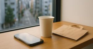 A smartphone, a paper coffee cup and a folded paper shopping bag on a café counter by a window overlooking a Tokyo street