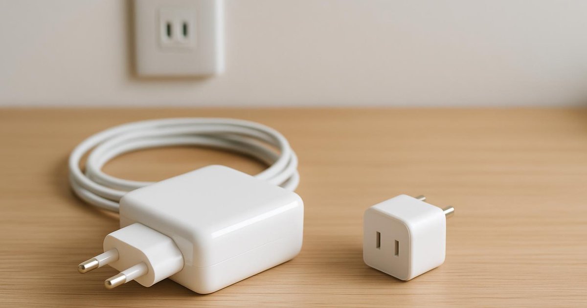 A laptop charger with a European plug and a travel adapter on a wooden desk, with a Japanese wall socket behind them